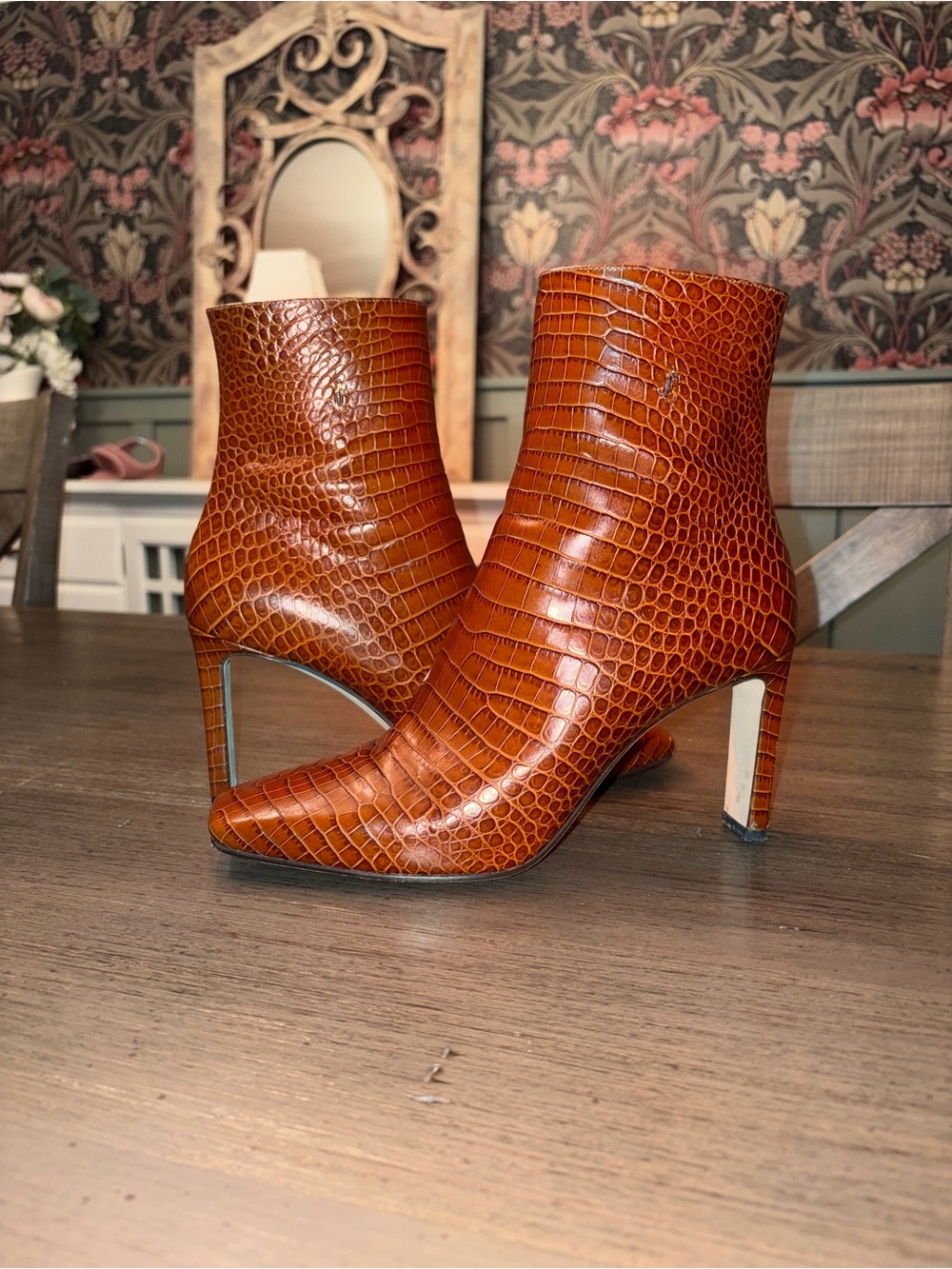 Jimmy Choo Brown Croc Embossed Leather Ankle Boot Heels